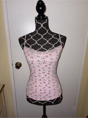 Coquette Pink Cherry Floral Lace-Trim Camisole Tank Top Cotton